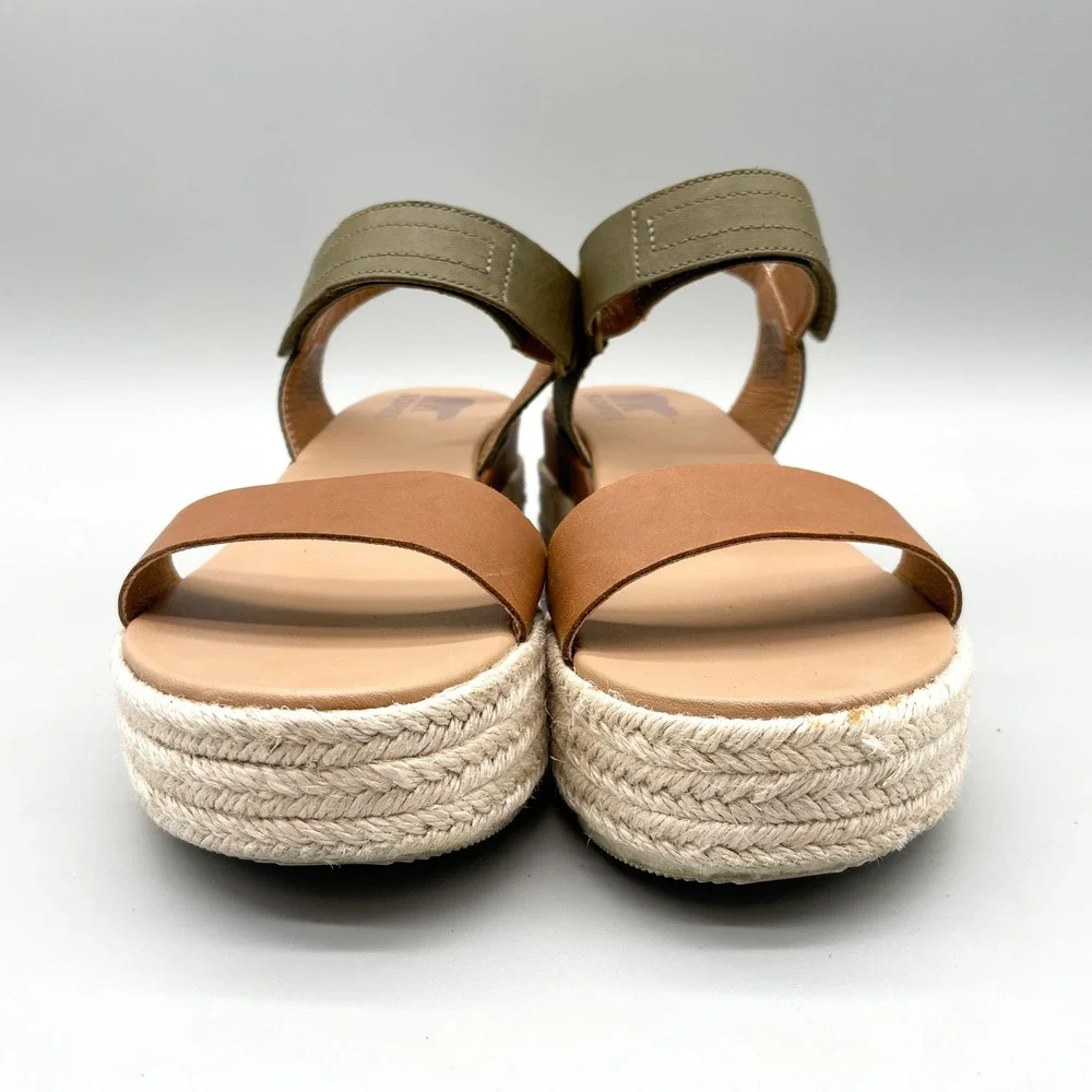 Sorel Womens 8.5 Cameron Flatform Espadrille Sandals Tan Sage Boho CoastalChic